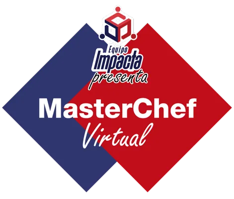 Fondo blanco con el nombre de la dinámica Master Chef Virtual en colores azul y rojo para equipos híbridos y remotos.