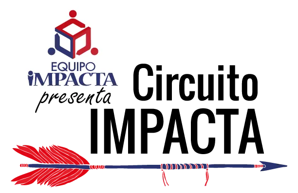 Ícono de una dinámica presencial que ofrece Equipo Impacta para mejorar el trabajo en equipo: Circuito Impacta. Fondo transparente con la figura de una flecha en color rojo y azul que representa una dinámica presencial.