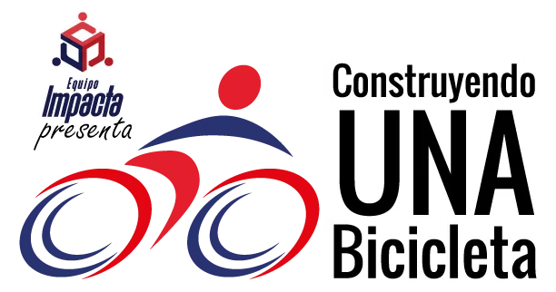Ícono de una dinámica presencial que ofrece Equipo Impacta para mejorar el trabajo en equipo: Construyendo una bicicleta. Fondo transparente con la figura de una persona en una bicicleta en color rojo y azul que representan una dinámica presencial.