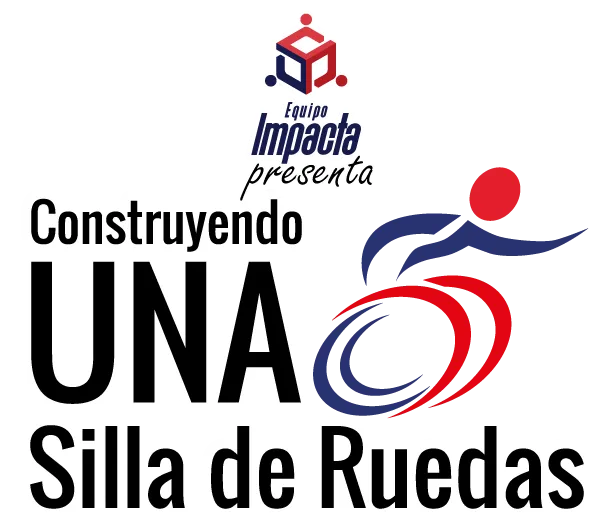 Ícono de dinámica presencial que ofrece Equipo Impacta para mejorar el trabajo en equipo: Construyendo una silla de ruedas. Fondo transparente con la figura de una persona en silla de ruedas color azul con rojo que representa una dinámica presencial.