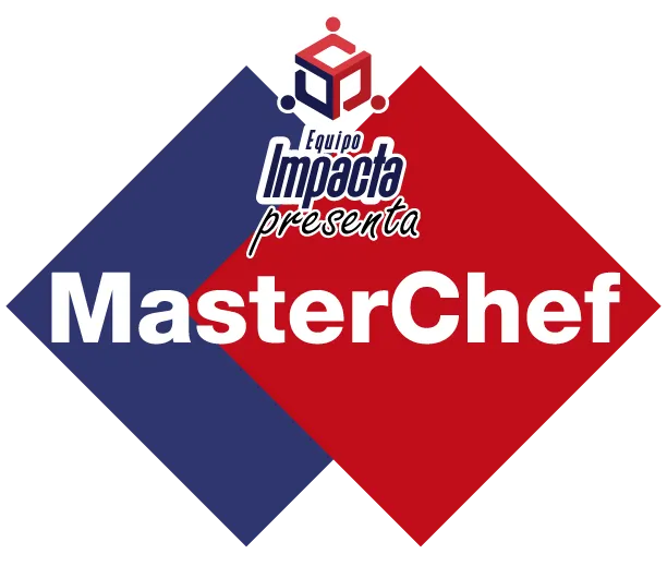 Ícono de una dinámica presencial que ofrece Equipo Impacta para mejorar el trabajo en equipo: Master chef. Fondo transparente con dos figuras de rombos, una en color azul y otra en color rojo que representan una dinámica presencial.