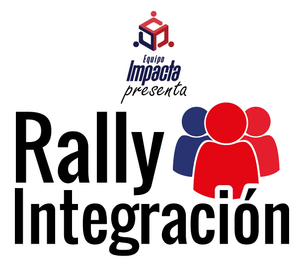 Ícono de una dinámica presencial que ofrece Equipo Impacta para mejorar el trabajo en equipo: Rally de integración. Fondo transparente con figuras de personas en color azul y rojo que representa una dinámica presencial.